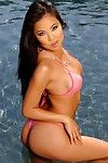 Wet round boobed asian babe Thuy Li poses in revealing pink bikini in the sun