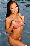 mojado Ronda boobed Asiático Babe thuy Li Plantea en revelando rosa Bikini en el sol
