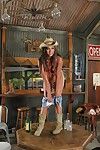Leggy shaved twat cowgirl Georgia Jones removes her jean shorts and plays with pour out bottle