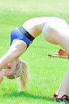 Sporty blonde goes nude in public, posing and teasing with her forms
