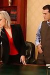Office blonde Veronica Carso in bright red blouse gets her smooth pussy pounded