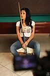 Beautiful Aletta Ocean in jeans and t-shirt makes her big eyes on you with billard cue in her hands