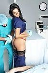 Raven haired glassed nurse Shazia Sahari i black nylons gets her smooth pussy stuffed by coworker
