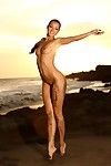 Bela totalmente Nude Morena modelo Melisa com Perfeito pernas poses no o selvagem Praia