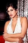 Bosomy brunette Sunny Leone with super sexy curves removes her beautiful dress