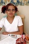Nerdy Oriental adolescent Gia revealing compact love melons and muff in glasses and pigtails